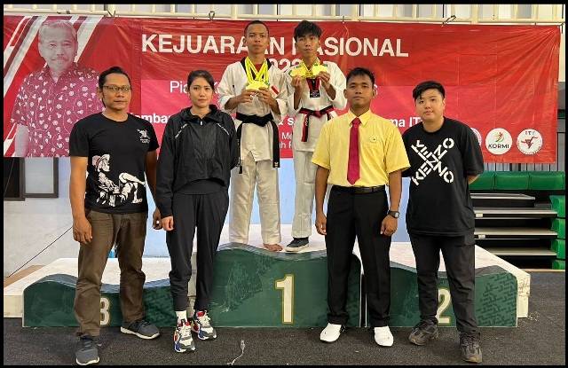 Dua atlet utusan ITF Sulut Joaquin Djibril Rakinaung di kelas junior dan Nazril Adipasha Rainheart di kelas Cadet bersama Sabeum usai meraih 7 Medali Emas di Kejurnas 1 ITF Gor UNJ Jakarta Timur